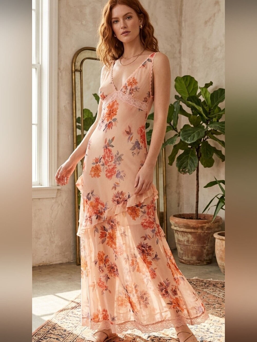 Free People Stay Awhile Sheer Maxi Dress Tiered Ruffle Peach Combo Size Large